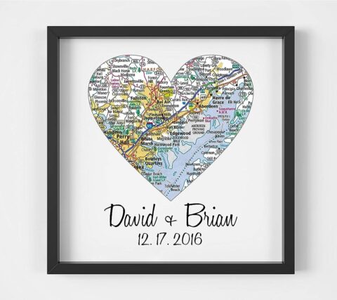 Unique Gay Wedding Gift for Gay Couple Framed Map Art Heart Map Gay Marriage Gift LGBT Wedding Gift