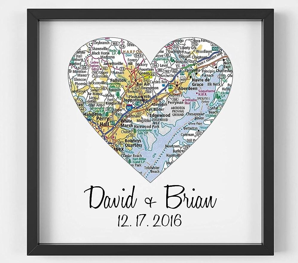 Unique Gay Wedding Gift for Gay Couple Framed Map Art Heart Map Gay Marriage Gift LGBT Wedding Gift