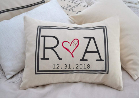 Personalized Pillow Two hearts 2 Hearts are one, with Initial Monogram and Date Second Anniversary Cotton gift 2nd anniversary Pillow