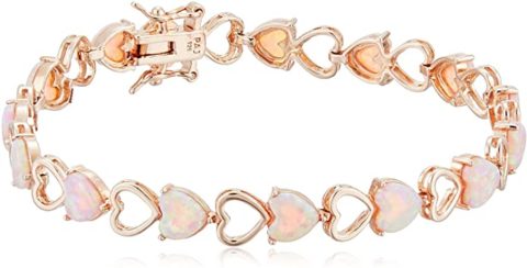 14K Rose Gold Plated .925 Sterling Silver Created Pink Opal Heart Tennis Prong Setting Bracelet, 7-1/4\\\"