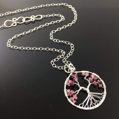 Cherry Blossom Tree-Of-Life Necklace Silver Pink Tourmaline October Birthstone Libra 8th Anniversary