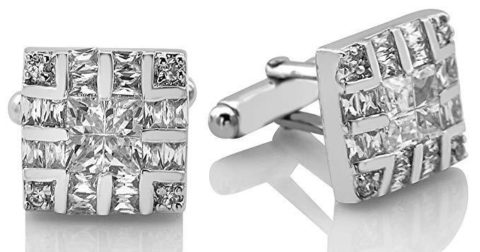 [2-5 Day Delivery] Men's Sterling Silver .925 Square Cufflinks with Cubic Zirconia Stones, Platinum Plated, 16mm by 16mm.