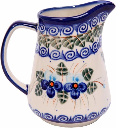 Polish Pottery Ceramika Boleslawiec, 0205/162, Pitcher Jacek 1, 1 Cup, Royal Blue Patterns with Blue Pansy Flower Motif