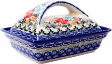 Polish Pottery Ceramika Boleslawiec, 0352/238, Butter Dish Deep, 2 Cubes, Royal Blue Patterns with Red Cornflower and Blue Butterflies Motif