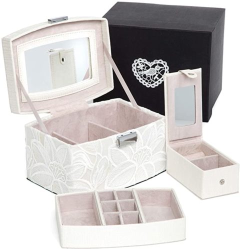 Krissy&Co Vintage Jewelry Box, Ivory Faux Leather, with Two Layers for Earrings, Necklaces, Rings - Beautiful Bridal Jewelry Boxes with Lace for Women and Girls - Classic Accessories Organizer