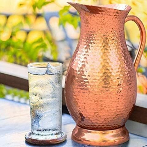 Pure Copper Pitcher - 70 fl oz, Hand Made Hammered Copper Water Jug for Drinking | 100% Heavy Duty Copper, No Inner Liner | Ayurveda Health Benefits