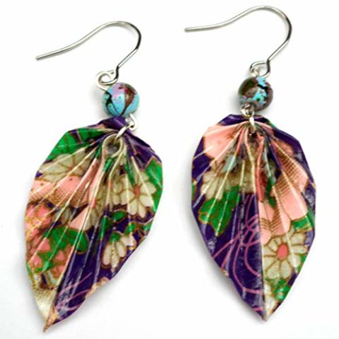 Purple Pink Green Paper Origami Leaf & Glass Bead Earrings, 1st Paper Anniversary Mother\\\'s Day Gift
