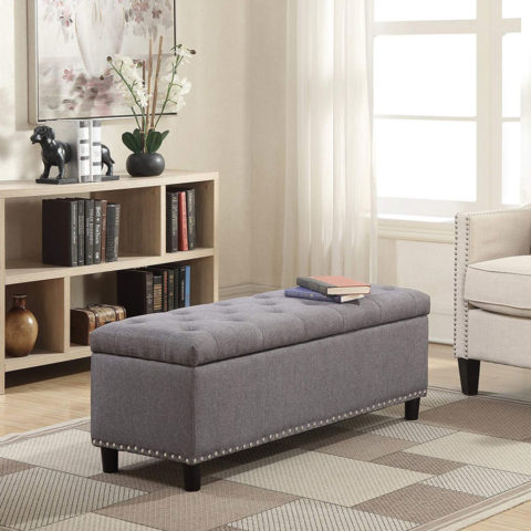 BELLEZE Modern Luxury Button-Tufted Ottoman Bench Footrest Upholstered Linen Fabric Decor for Living Room, Entryway, or Bedroom with Storage - Brentwood (Gray)