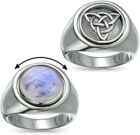 Personalized Reversible Viking Celtic Trinity Knot Triquetra Moonstone Ring For Men Sterling Silver Custom Engraved