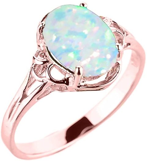 Modern Contemporary Rings 14K Rose Gold October Birthstone Lab Grown Oval Opal Gemstone Solitaire Ring