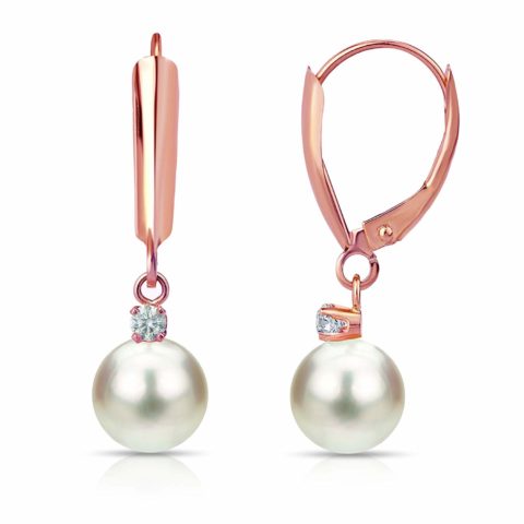 14K Rose Gold 1/10 Cttw Diamond and 7-7.5mm White Genuine Freshwater Cultured Pearl Drop Dangle (G-H, SI1-SI2)