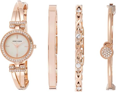 Anne Klein Women's Premium Crystal Accented Rose Gold-Tone Bangle Watch and Bracelet Set
