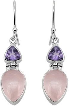 YoTreasure 1.61" Rose Quartz Amethyst Dangle Earrings Solid 925 Sterling Silver Jewelry