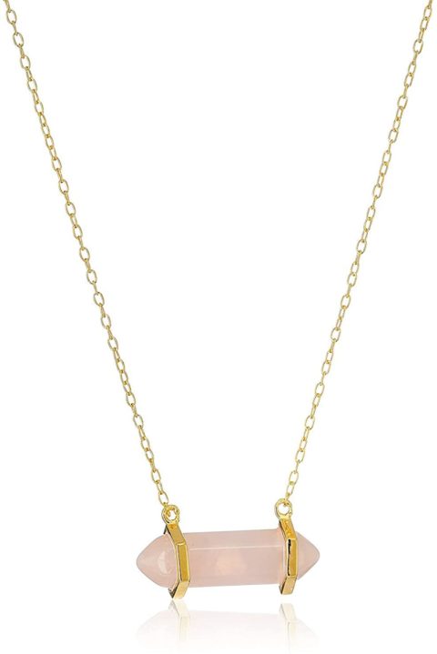 18K Yellow Gold-Plated .925 Sterling Silver Rose Quartz Gemstone Crystal Horizontal Chakra Point Necklace - 16" + 2" Extender