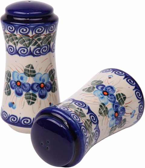 Polish Pottery Ceramika Boleslawiec, 1313/162, Salt and Pepper Milano, 4 3/4 by 2 1/4 Inches in Diameter - 9 Tablespoons Each, Royal Blue Patterns with Blue Pansy Flower Motif