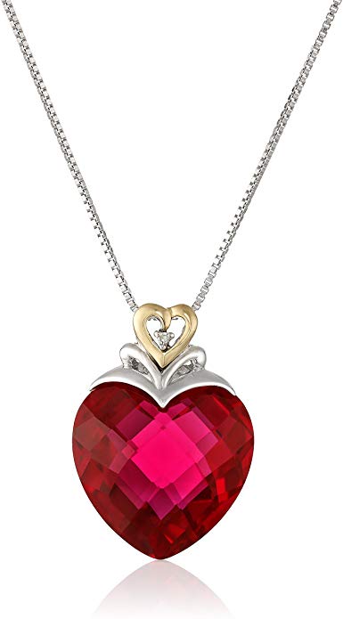 Sterling Silver and 14k Yellow Gold Created Ruby Heart and Diamond-Accent Pendant Necklace, (.006 cttw, I-J Color, I2-I3 Clarity), 18"