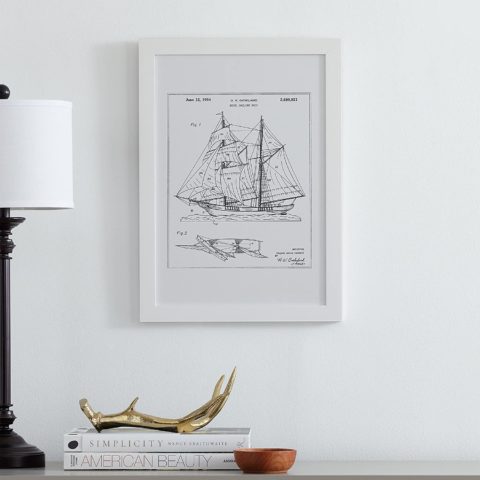 Amazon Brand – Stone & Beam Modern Metallic Ink Reprint of Sailing Ship Patent, White Frame, 15" x 21"