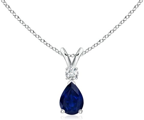 September Birthstone - Pear Blue Sapphire Teardrop Pendant Necklace for Women with Diamond in 14K White Gold (6x4mm Blue Sapphire)