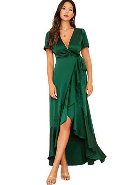 SheIn Women's V Neck Solid Satin Dress Split Sleeve Wrap Maxi Party Evening Dress Green X-Small