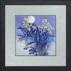 King Silk Art 100% Handmade Embroidery Framed Yellow Orchids Blooming Shining Under The Blue Moon Super Moon Oriental Wall Hanging Art Asian Decoration Tapestry Artwork Picture Gifts