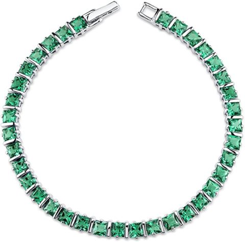 Peora Simulated Emerald Tennis Bracelet for Women in Sterling Silver, Princess Cut, 13 Carats total, 7.75 inches