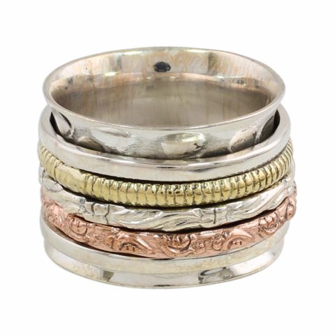 NOVICA .925 Sterling Silver Copper Brass Spinner Meditation Ring 'Five Delights'
