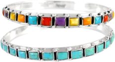 Two Stackable 925 Sterling Silver Bangle Bracelets Genuine Turquoise & Gemstones (2 pcs)