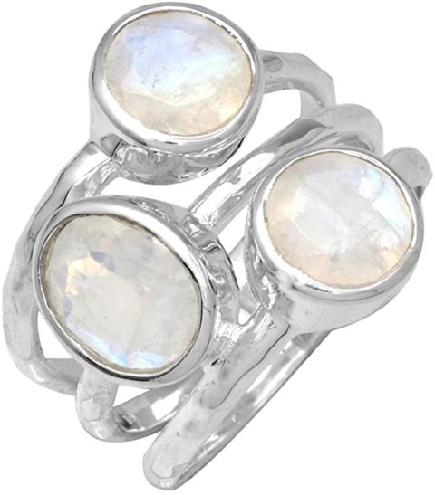YoTreasure Rainbow Moonstone Solid 925 Sterling Silver Three Stone Ring Jewelry