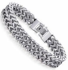 FIBO STEEL Stainless Steel 12MM Two-strand Wheat Chain Bracelet for Men Punk Biker Bracelet,8.5 inches Silver-tone