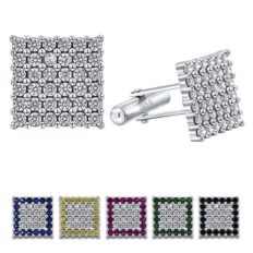 Men's Sterling Silver .925 Original Design Square Cufflinks with Cubic Zirconia (CZ) Stones, Platinum Plated, Secure Solid Hinges, 15mm in Black, White, Green, Pink, Yellow, Blue