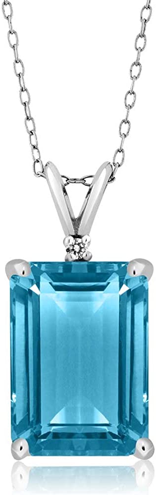Gem Stone King 925 Sterling Silver Swiss Blue Topaz Pendant Necklace For Women (9.72 Cttw, Genuine Emerald cut 14X10MM Gemstone Birthstone with 18 Inch Silver Chain)