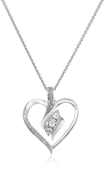 Amazon Collection womens Sterling Silver Diamond 3 Stone Heart Pendant Necklace (1/4 cttw), 18"