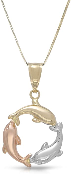 MCS Jewelry 14 Karat Three Tone Rose, Yellow & White Gold Circling Dolphins Pendant Necklace (18")