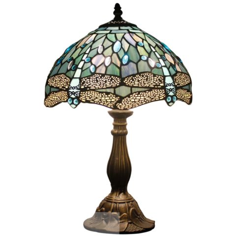 Tiffany Lamp Table Lamp Sea Blue Stained Glass Dragonfly Style Luxurious Boho Banker Memory Lamp Sympathy Nightstand Reading Desk Light 18" Tall WERFACTORY Bedside Bedroom Living Room Farmhouse Hotel