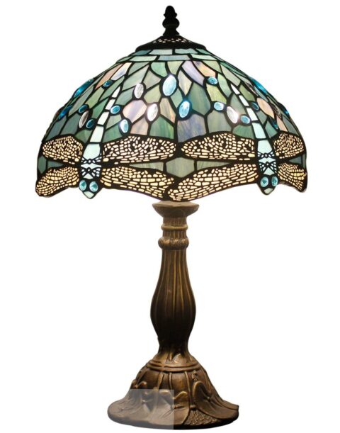 WERFACTORY Tiffany Lamp Sea Blue Stained Glass Table Lamp 12X12X18 Inches Dragonfly Style Desk Reading Light Decor Beside Bedroom Living Room Home Office S147 Series