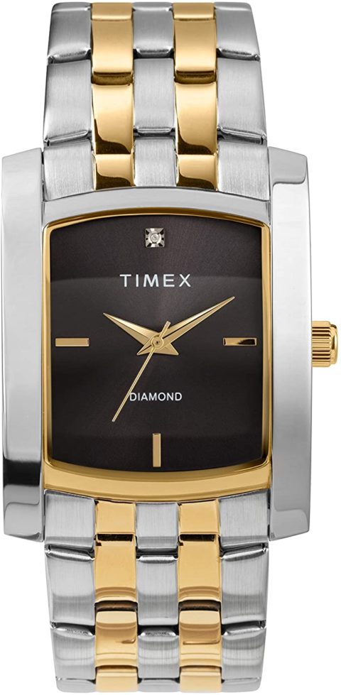 Timex Men's Dress Analog 33mm Stainless Steel Bracelet Watch with Genuine Diamond, Two-Tone/Black