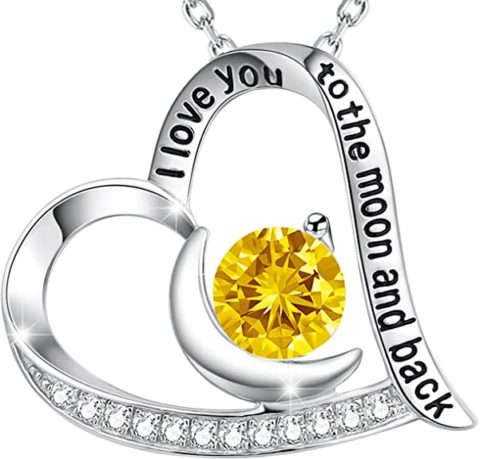 November Birthstone Necklace for Women Birthday Gifts Citrine Jewelry for Mom Wife I Love You to the Moon and Back Necklace Love Heart Pendant Jewelry Sterling Silver