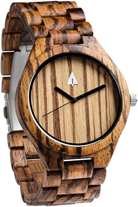 Treehut Men\'s Zebrawood Wooden Watch with Zebrawood Wood Strap Quartz Analog