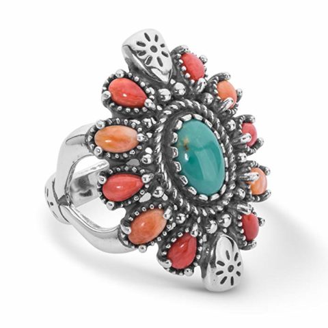American West Sterling Silver Green Turquoise, Red and Orange Spiny Oyster Gemstone Cluster Ring Size 5 to 10