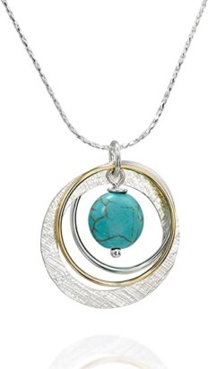 Stera Jewelry Two Tone 925 Silver & 14k Gold Filled Multi Hoops Compressed Turquoise Pendant Necklace, 18" + 4" Extender