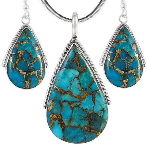 925 Sterling Silver Matching Pendant & Earrings Set with Genuine Turquoise 20" Necklace (Matrix Turquoise)