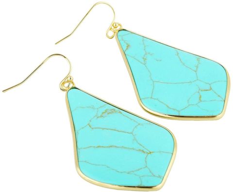 TUMBEELLUWA Crystal Quartz Stone Dangle Hook Earrings Rhombus Shape Gold Plated,Green Howlite Turquoise