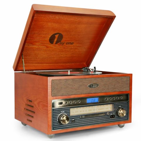 1byone Nostalgic Wooden Turntable Wireless Vinyl Record Player with AM, FM, CD, MP3 Recording to USB, AUX Input for Smartphone and Tablets, RCA Output