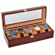JINDILONG Watch Case for Men 5 Slot with Glass Top Solid Wood Watch Storage Organizer Display Box, Best Present for Birthday,Valentine's Day, Wedding, Christmas and New Year