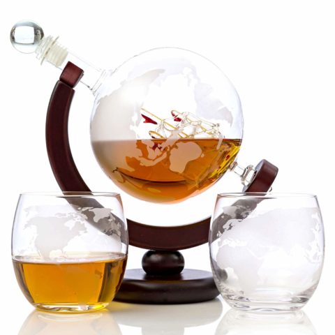Kemstood Whiskey Decanter Set - Etched World Globe Whiskey Decanter Sets for Men with 2 Glasses in Gift Box - Whiskey Gifts for Men - Home Bar Accessories for Alcohol Drinks- Fathers Day