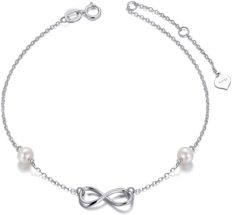 14k White Gold Infinity Bracelets for Women, Real Pearl Love Knot Jewelry Gifts for Her, 6.9"+0.7"+0.7" (White Gold, 14k Gold)