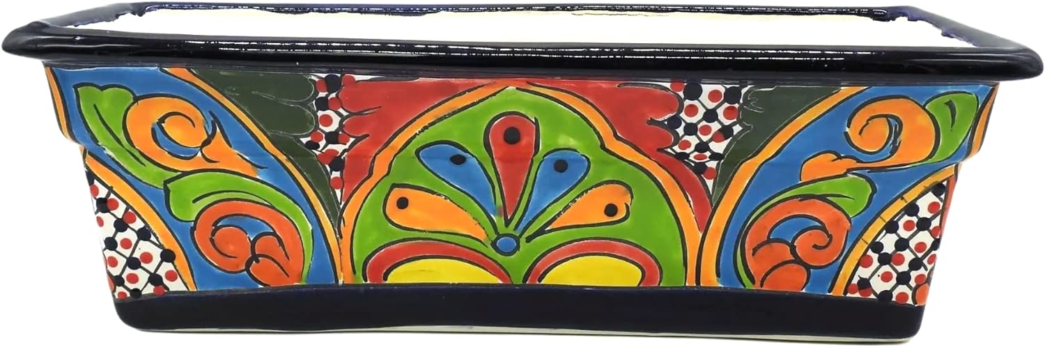 Talavera Pottery Store Window Box Planter Small Hand Painted Pot Rectangle Indoor Outdoor Multi Colored Glazed