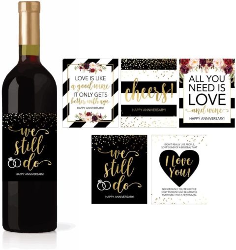 5 Wedding Anniversary Wine Label Stickers For 20th 25th 30th 40th 50th Gift Ideas, Best Funny Cute Romantic Marriage Couple Presents For Him or Her, Men or Women Accessories Supplies and Decorations