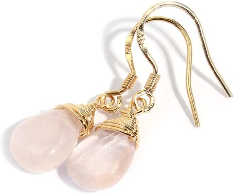 Scutum Craft Natural Stone Dangle Drop Earrings with 14K Yellow Gold Plated Wire Wrap and 925 Sterling Silver Hook Jewelry for Women, Gift for Best Friend (Rose-Quartz Water Drop)