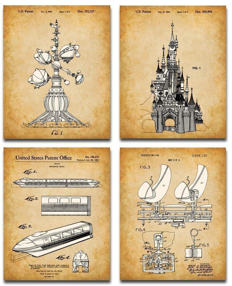 Original Disney Rides Patent Art Prints - Disney World Amusement Ride Art, Unique Home and Playroom Children Bedroom Decor, Classic Gift for Disney Fans, Set of 4 Photos 8x10 Unframed Print Poster